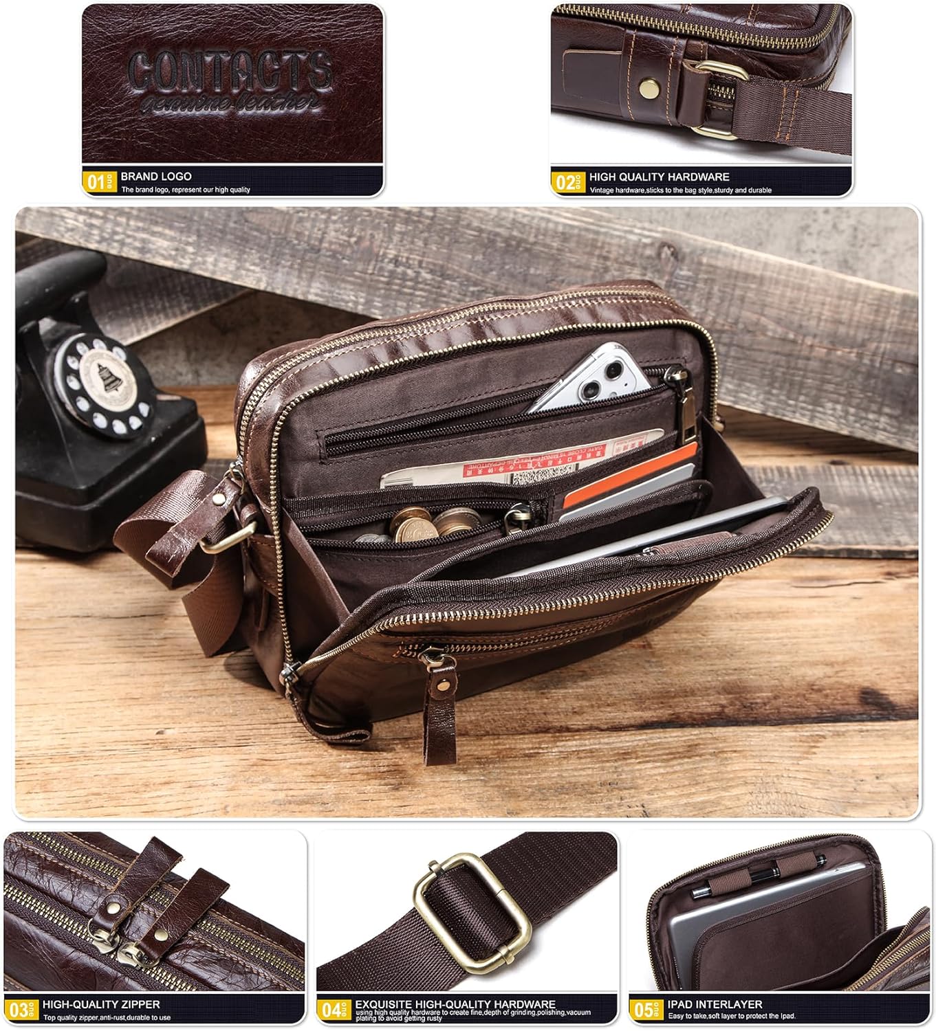 Top Grain Leather 8.3" Messenger Bag for Man & Woman, Multi Pockets, Fits to 7.9"/8.3" iPad for