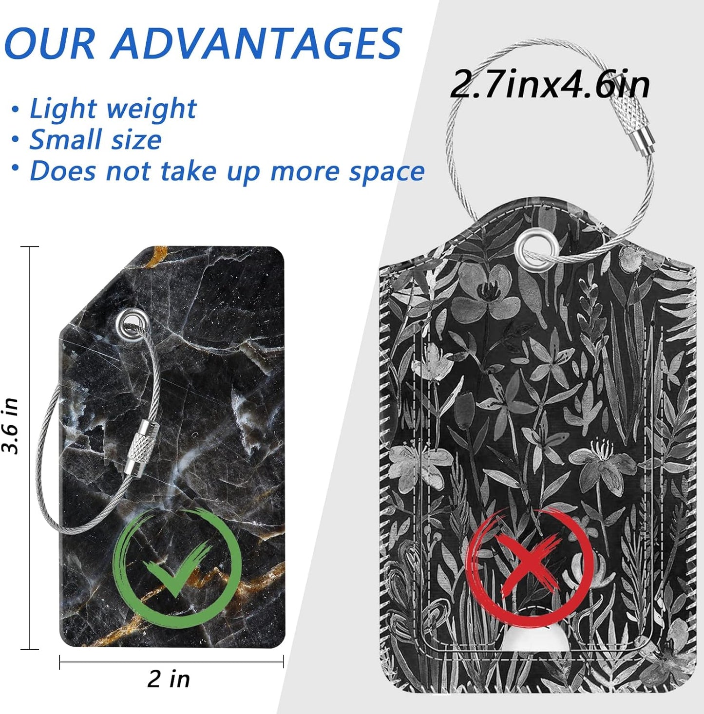 2 Luggage Tags, (1" Smaller Than Traditional) Perfect for Quick Luggage Identification with Stainless Steel Ring and Address Card for Travel and Luggage (Black Marble)