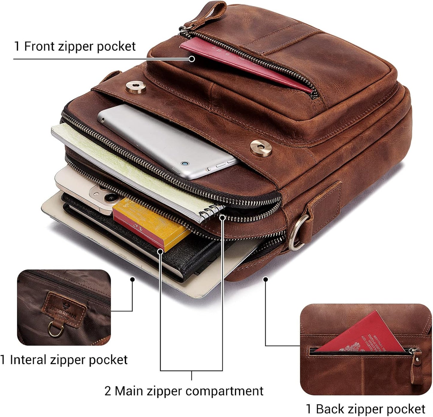 gzcz Leather Sling Shoulder Crossbody Bag Man Purse Messenger Bags for Men Women Outdoor Travel Business