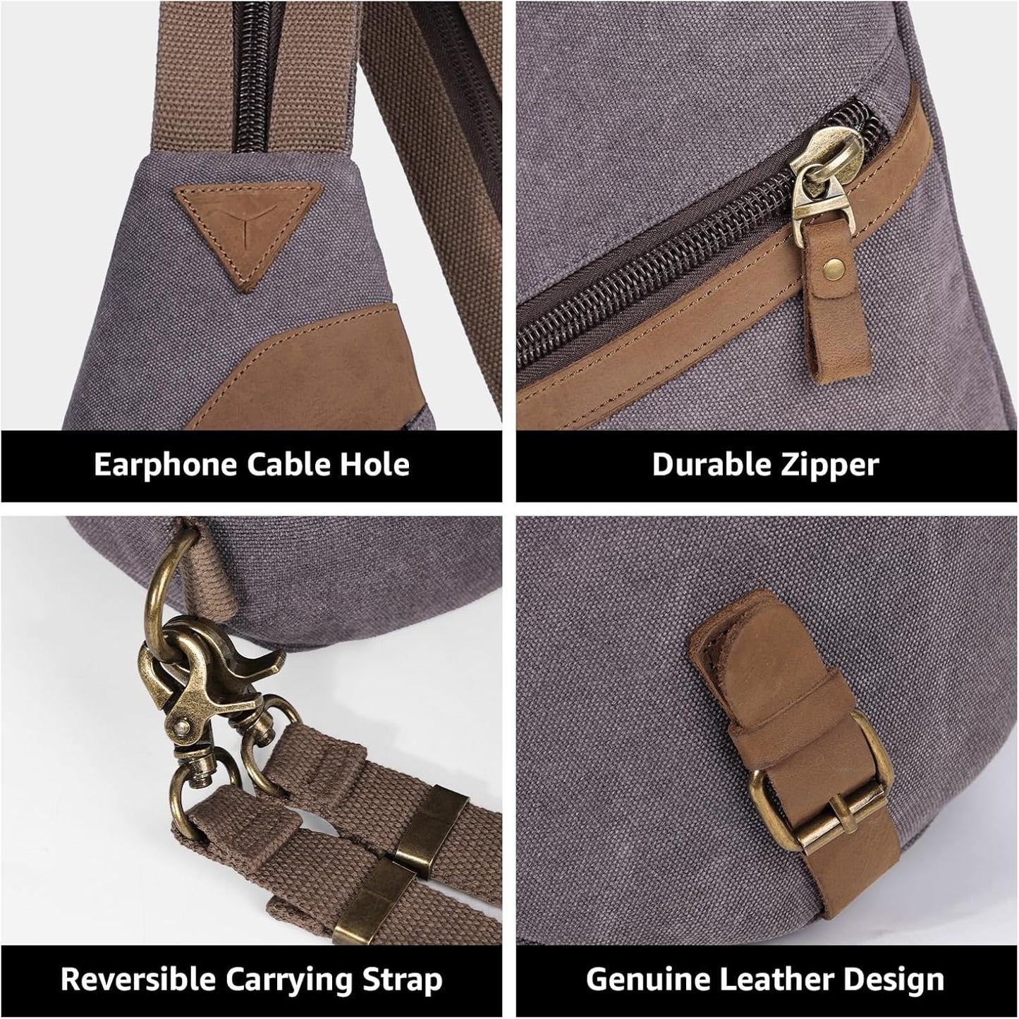 KL928 Canvas Sling Bag for Men Women, Genuine Leather Design Shoulder Crossbody Bags Backpacks
