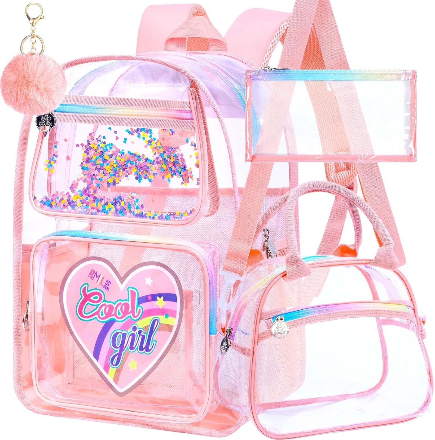 3PCS Clear Backpack Heavy Duty, Cute Sequins Transparent Bookbag with Handbag for Girls, Womens Pink See Through School Bag