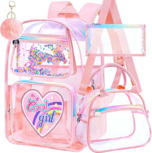 3PCS Clear Backpack Heavy Duty, Cute Sequins Transparent Bookbag with Handbag for Girls, Womens Pink See Through School Bag