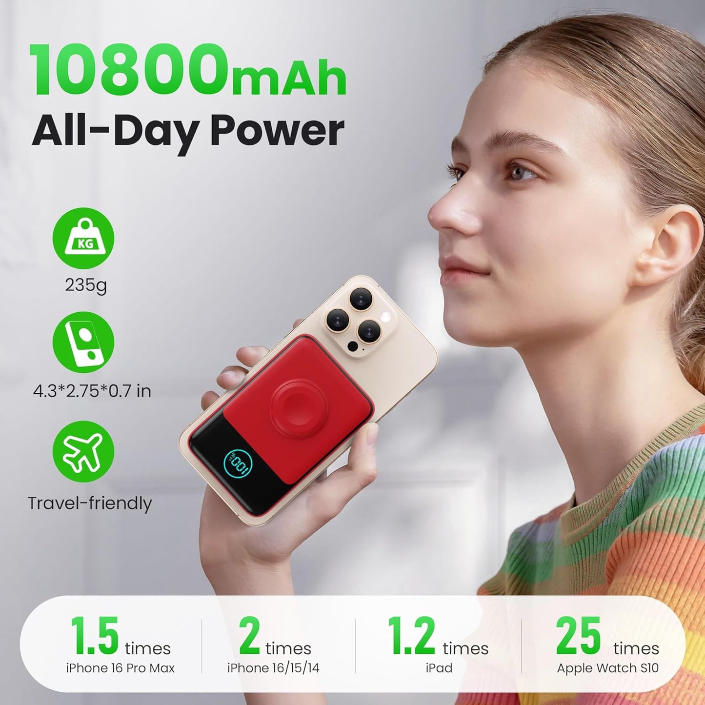 Magnetic Portable Charger for iPhone, 10800mAh Qi2 15W Wireless Power Bank with iWatch Charger,30W PD Fast Charging USB-C Travel Essentials Battery Pack for Magsafe,iPhone 17/16/15/14/13, Apple Watch