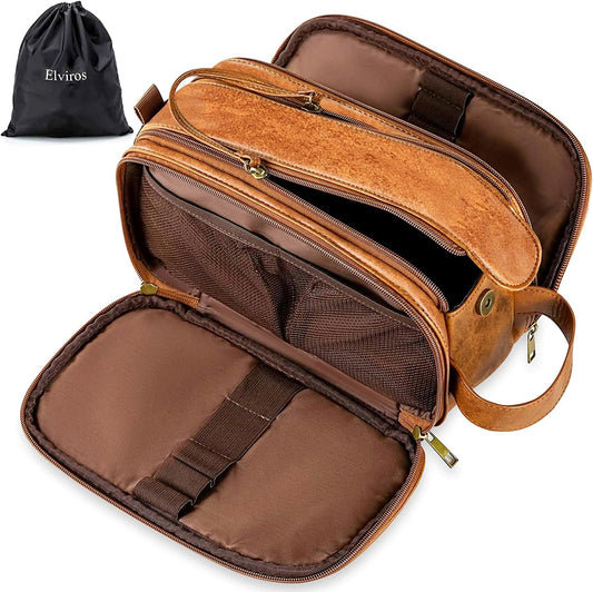 Elviros Toiletry Bag for Men, Large Travel Shaving Dopp Kit Water-resistant Bathroom Toiletries Organizer PU Leather Cosmetic Bags Fathers Day Gift (Medium, Brown)