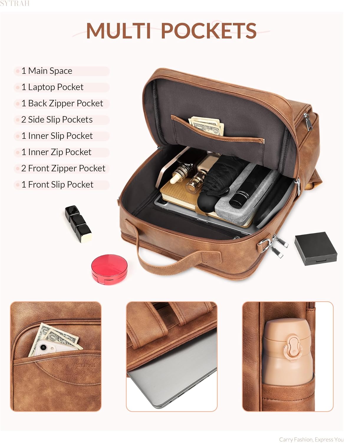 Leather Laptop Backpack for Women, 15.6 Inch Business Computer Bag, Designer College Backpack Travel Backpack with Colorful Shoulder Bag Strap Mocha Brown