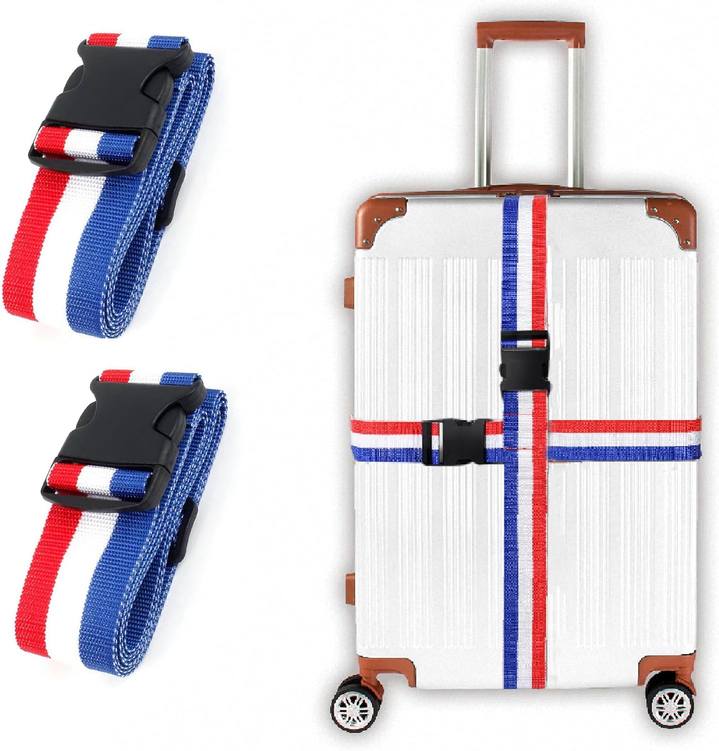 Nylon Luggage Straps Suitcase Belt Travel Accessories with Adjustable Buckle,Heavy Duty Strap Bright Colors for Easy Identification, 2 Packs Blue-White-Red 2M