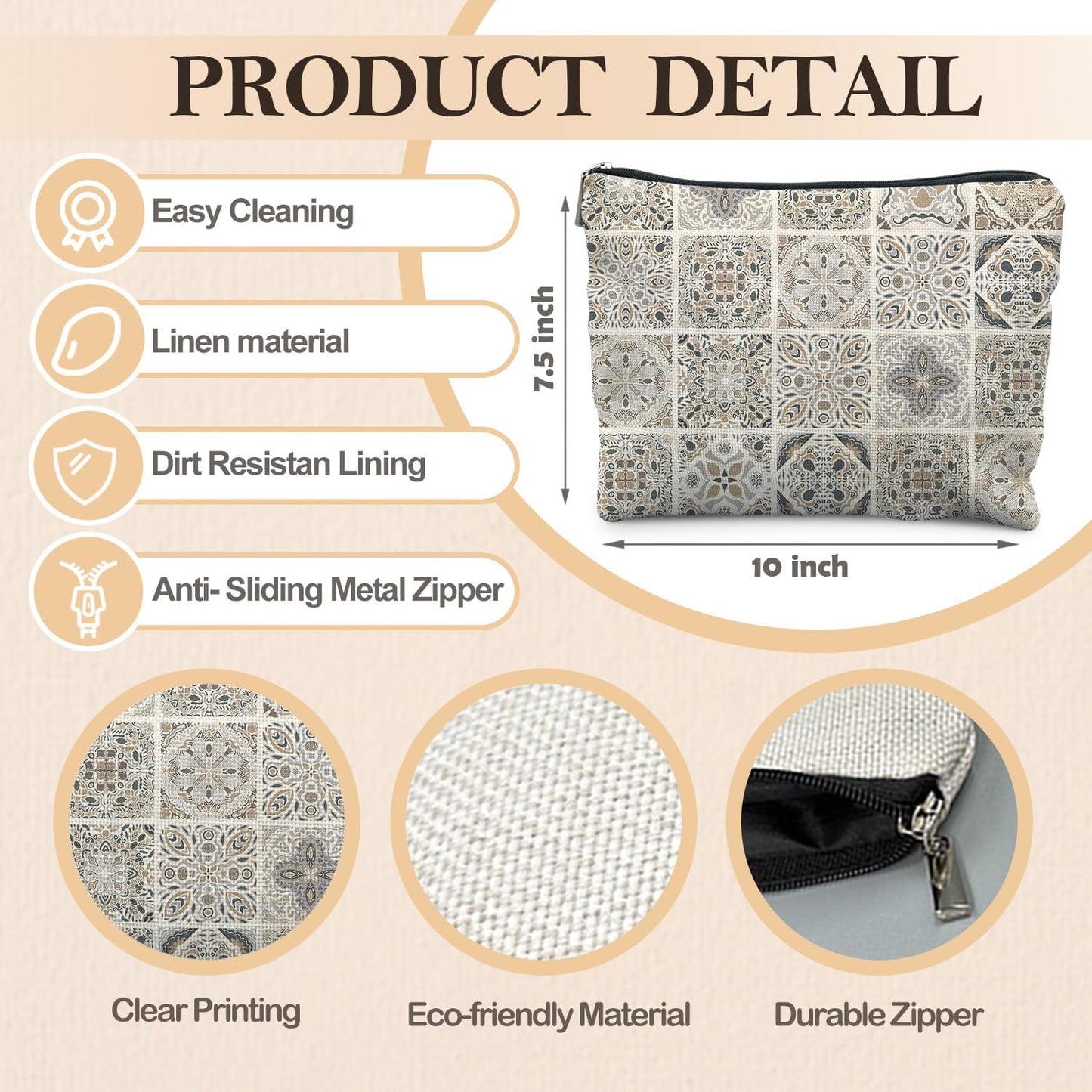 Vintage Boho Mandala Floral Makeup Bag, Ethnic Moroccan and Mediterranean Tile Cosmetic Bags for Women, Mexican Gifts for Women, Traditional Block Print Zipper Makeup Pouch