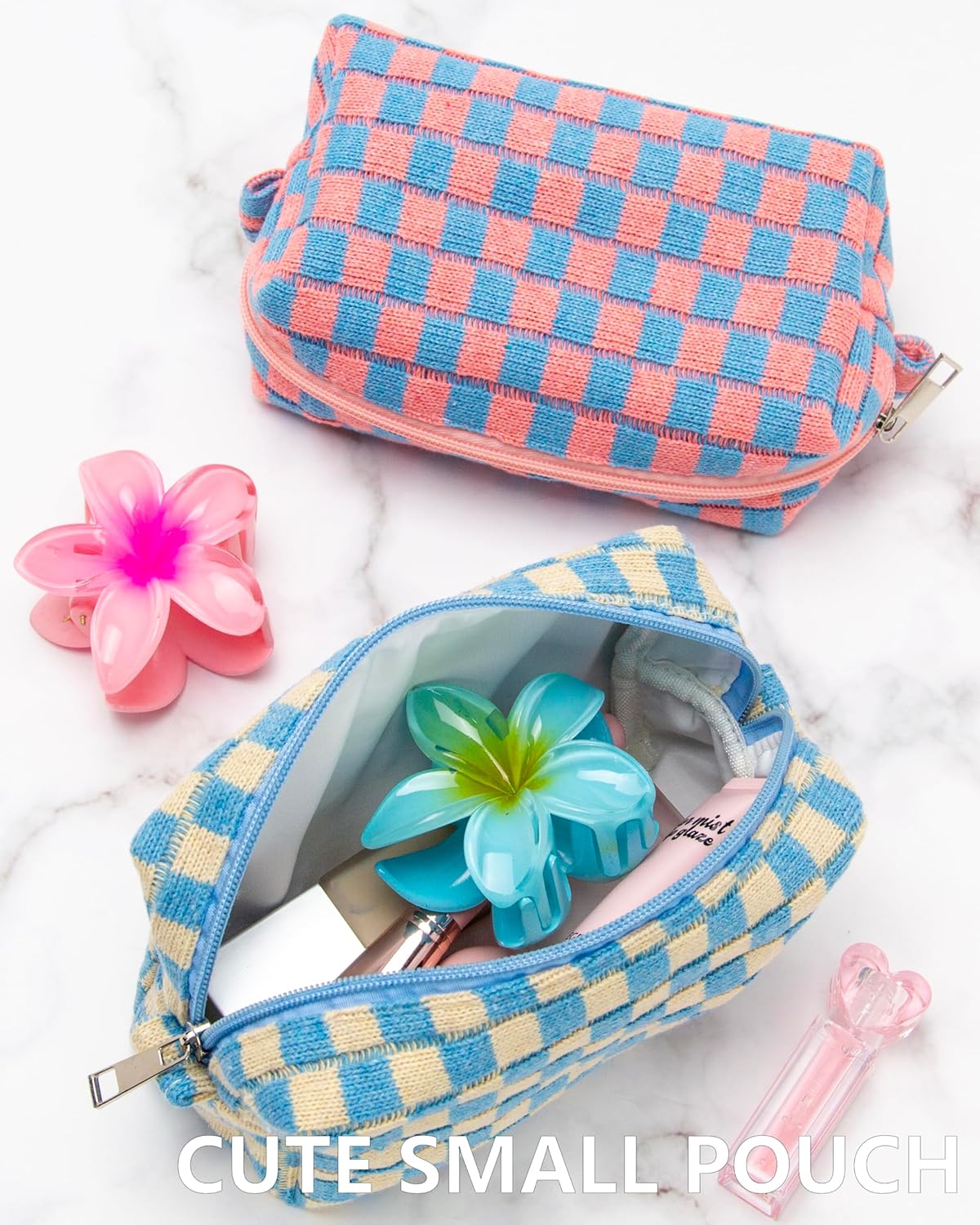 PAZIMIIK 2PCS Checkered Makeup Bag for Purse Portable Zipper Make Up Pouch Small Cosmetic Case for