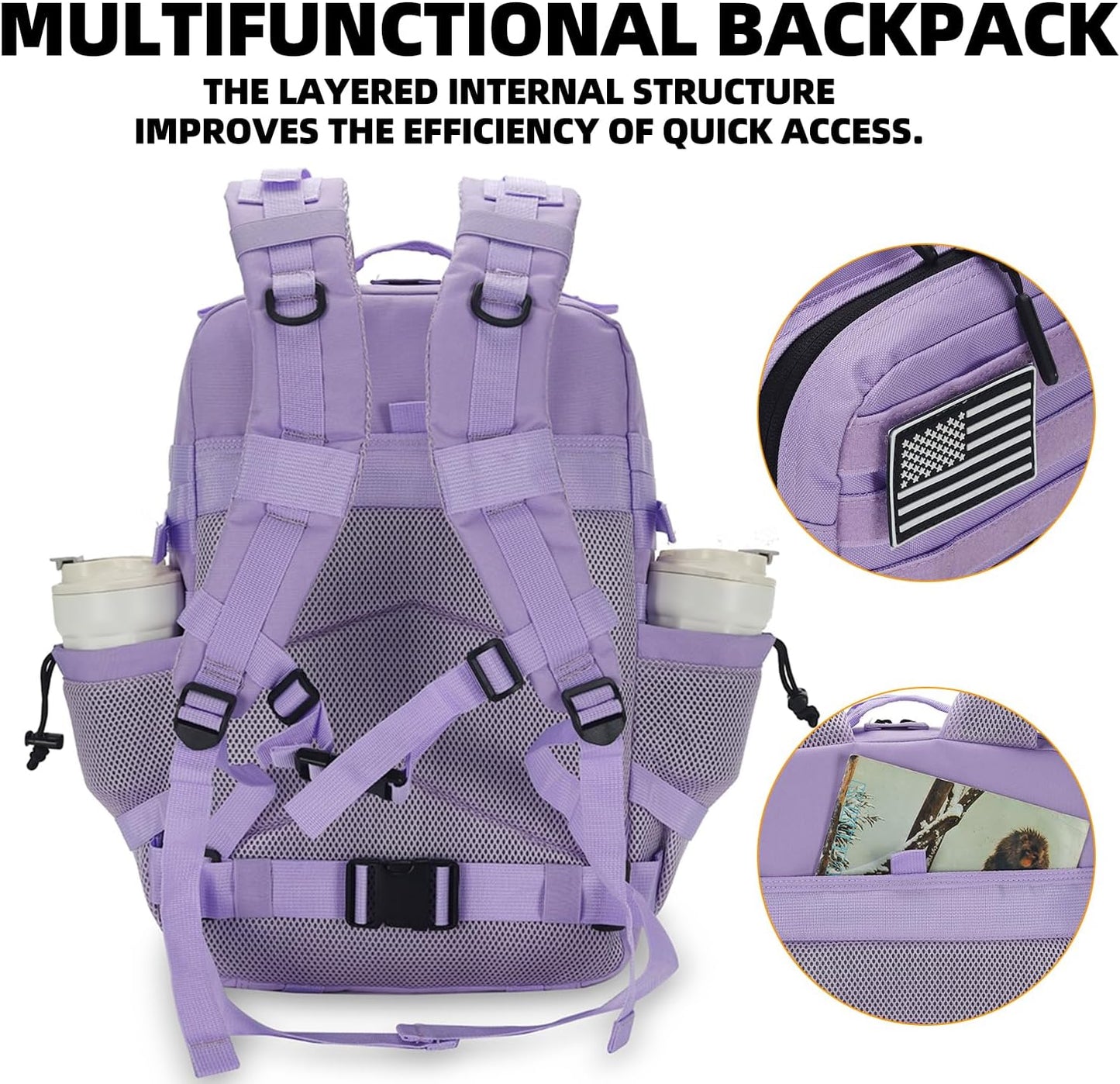 25L Tactical Backpack for Men and Women Military Backpack Army Assault Pack Molle Backpack Small Bug Out Bag Travel Rucksack Daypack (Light Purple)