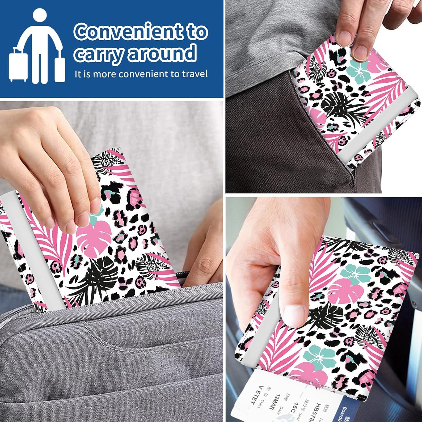 Passport Holder for Travel Essentials, Leather RFID Blocking Passport Wallet Cover Case, Cute Passport Book Holders for Women and Men Leopard Leaf