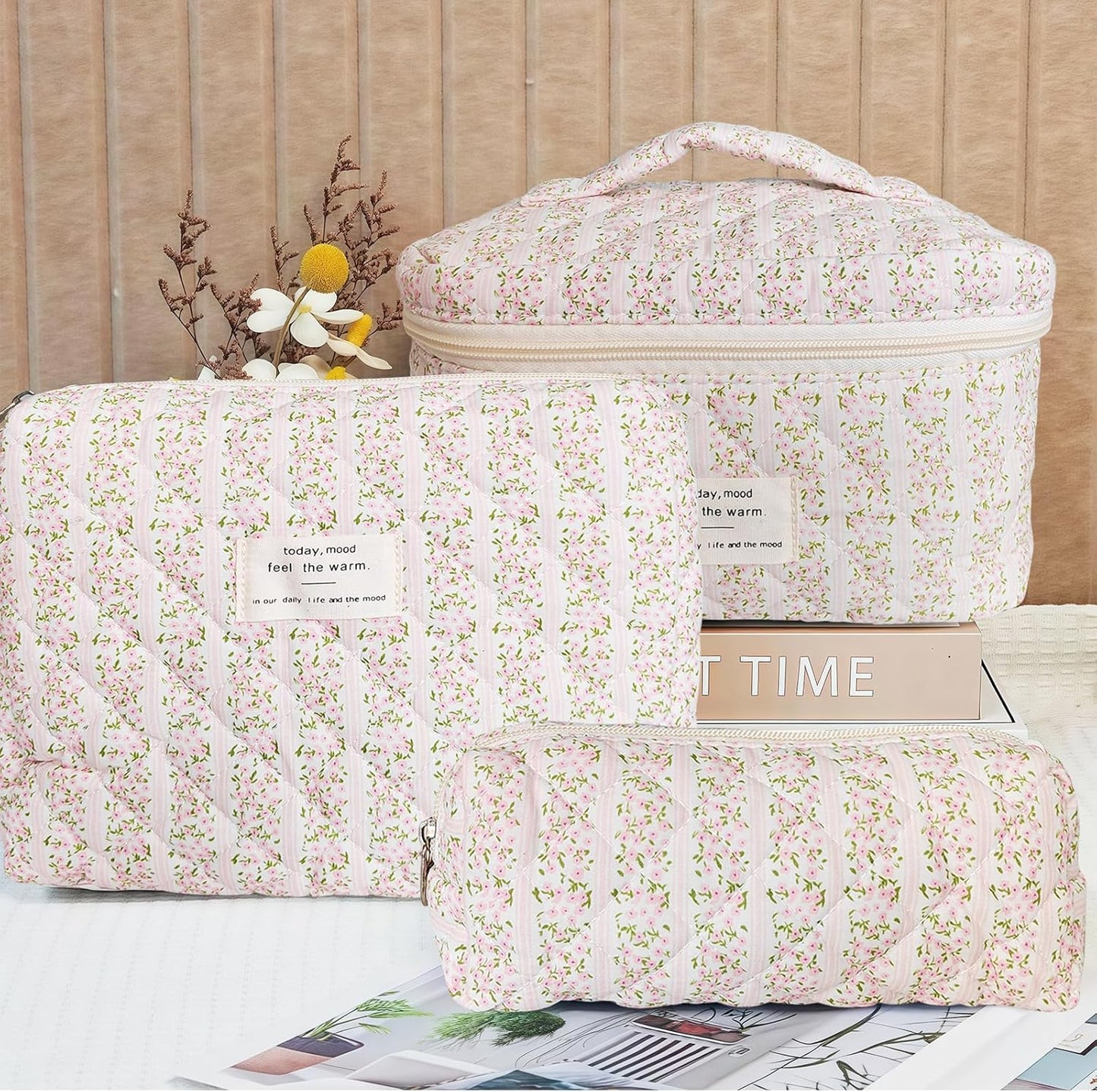 Quilted Makeup Bag, Large Capacity Travel Cosmetic Bag for Women and Girls, Aesthetic Storage for Daily and Travel Use (3pcs-pinkleavesflowers)