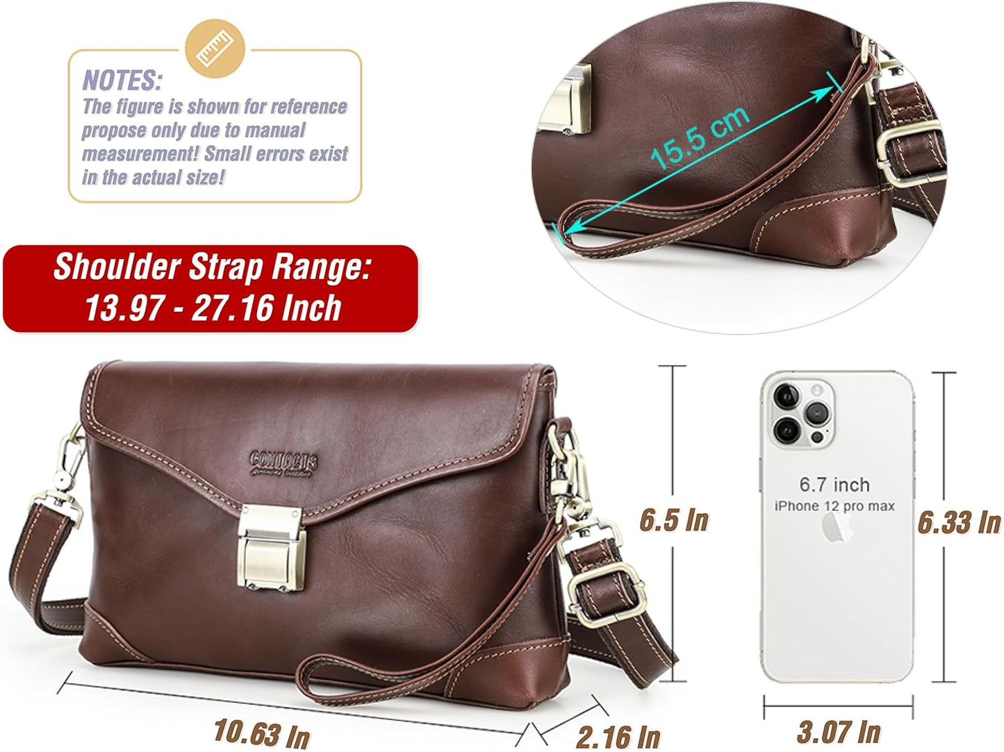 Top Grain Genuine Leather Handbag Wallet for Man & Woman, Handmade Retro Design, Combination Lock & Adjustable Shoulder Strap & Wristlet, Portable Handbag for Cards/Checks/Phone/Banknote, Dark Coffee