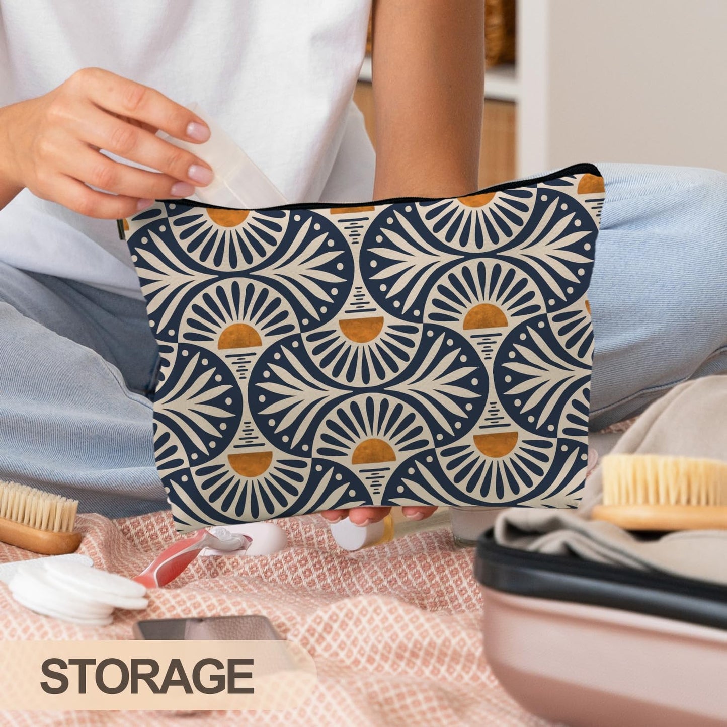 Boho Gifts for Women, Boho Orange Sunset Leaf Aesthetic Makeup Bag, Boho Makeup Bag for Women, Vintage Boho Sunrise Sunset Cosmetic Bags Toiletry Bag, Boho Beach Bag(PU)
