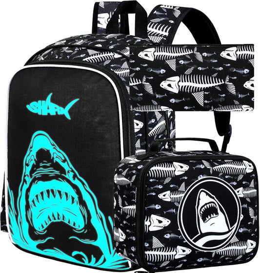 KLFVB 3PCS Shark Bookbag for Boys, Luminous School Backpacks with Lunch Box, 17" Water Resistant Kids Camo Bookbag for Middle Elementary Teens to School Travel - Luminous Shark