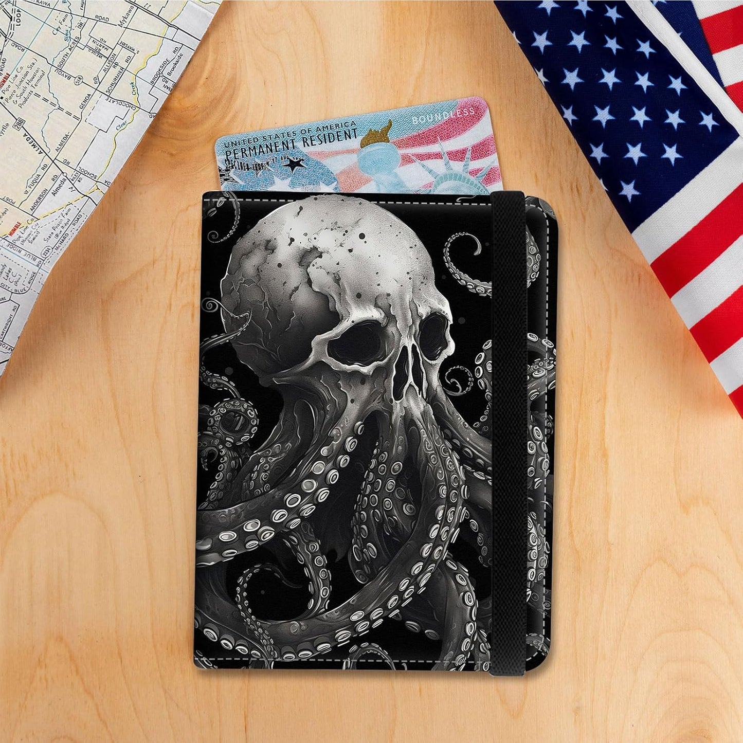 Passport Holder Cover Wallet Travel Essentials RFID Blocking Case Leather Passport Cover Wallet Vaccine Card Slot Organizer for Men Women, Skull Octopus