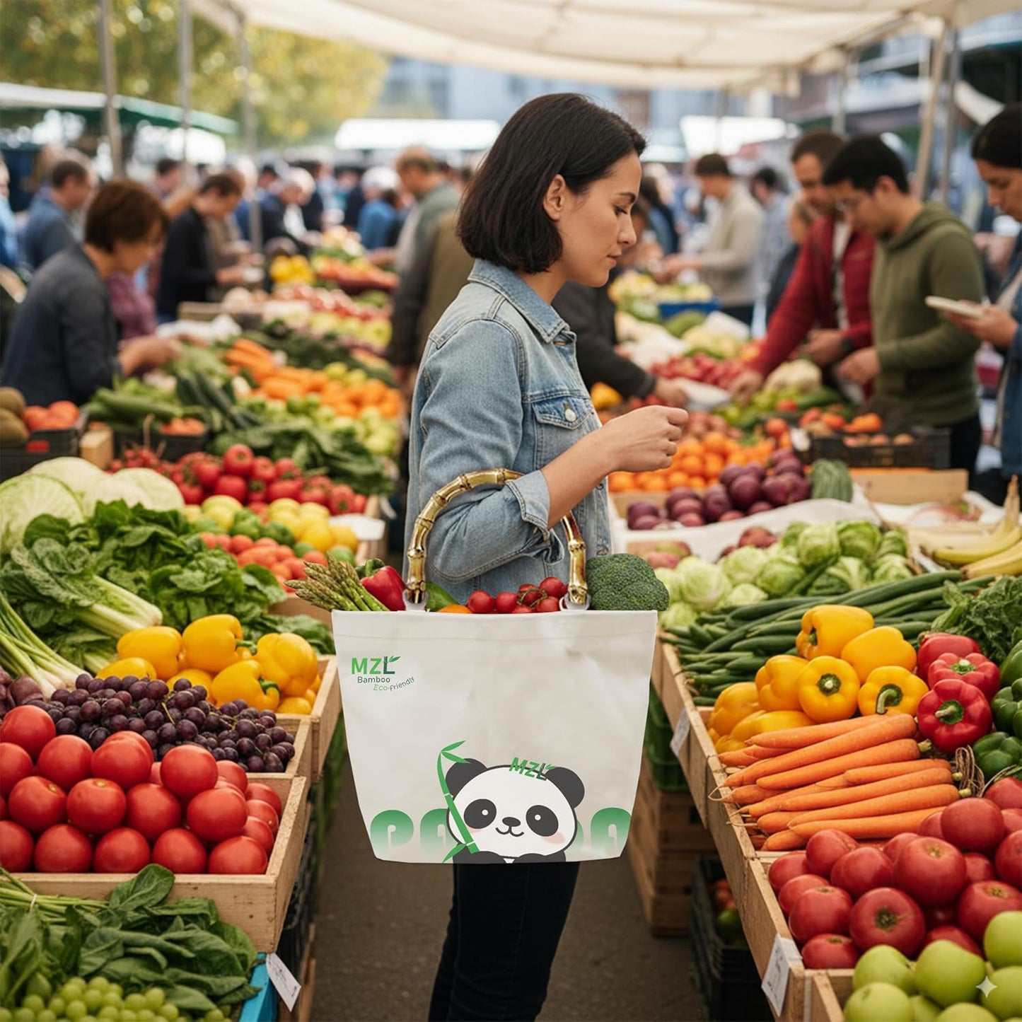 MZLBAMBOO-Tote Bag For Women, Tote Purse And Shoulder Bag, Capacity Eco-Friendly Canvas Bags, Bamboo Handle, Panda Print