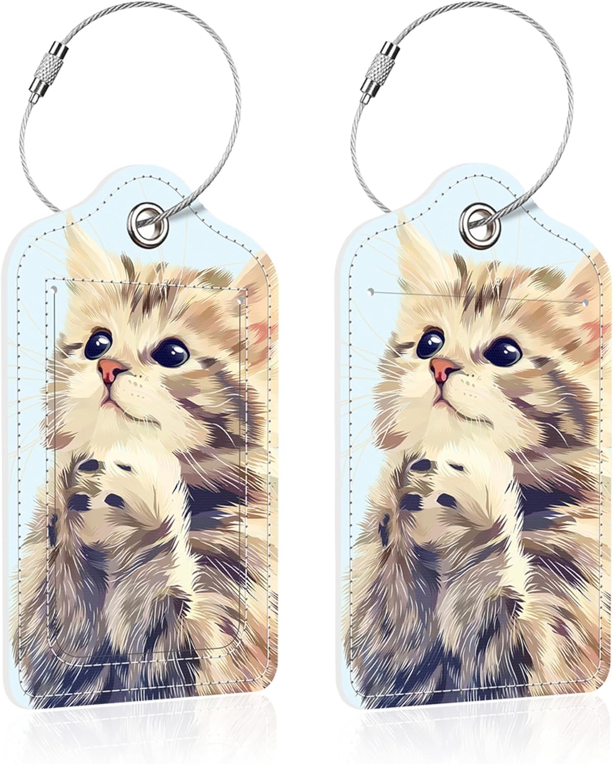 2 Pack Luggage Tag for Suitcase,Cute Cat PU Leather Suitcase Tags Identifiers with Privacy Name Address Labels and Steel Loop for Women Men Travel