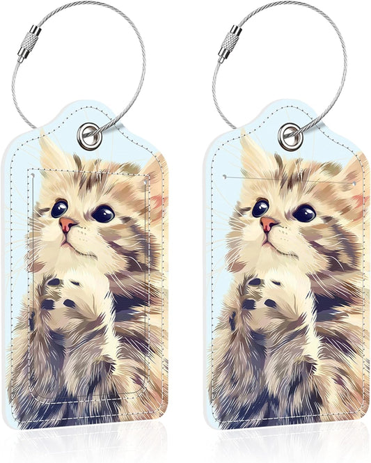 2 Pack Luggage Tag for Suitcase,Cute Cat PU Leather Suitcase Tags Identifiers with Privacy Name Address Labels and Steel Loop for Women Men Travel