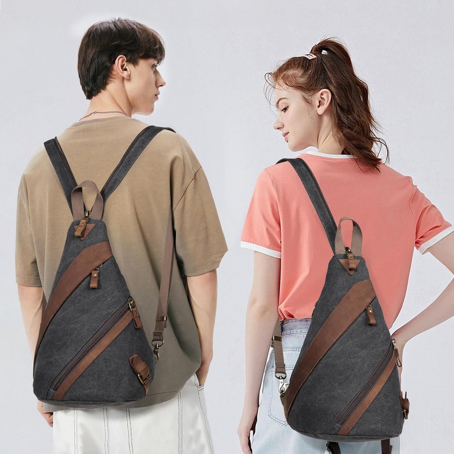 KL928 Canvas Sling Bag for Men Women, Genuine Leather Design Shoulder Crossbody Bags Backpacks Travel Daypack with Earphone Hole Rucksack, Black