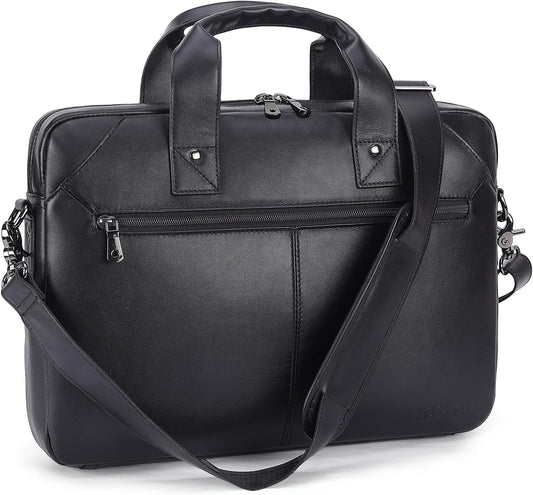 Masa Kawa Mens Leather Slim Briefcase for 16" Laptop Black Waterproof Crossbody Shoulder Messenger Computer Bag for Business Travel Office Work