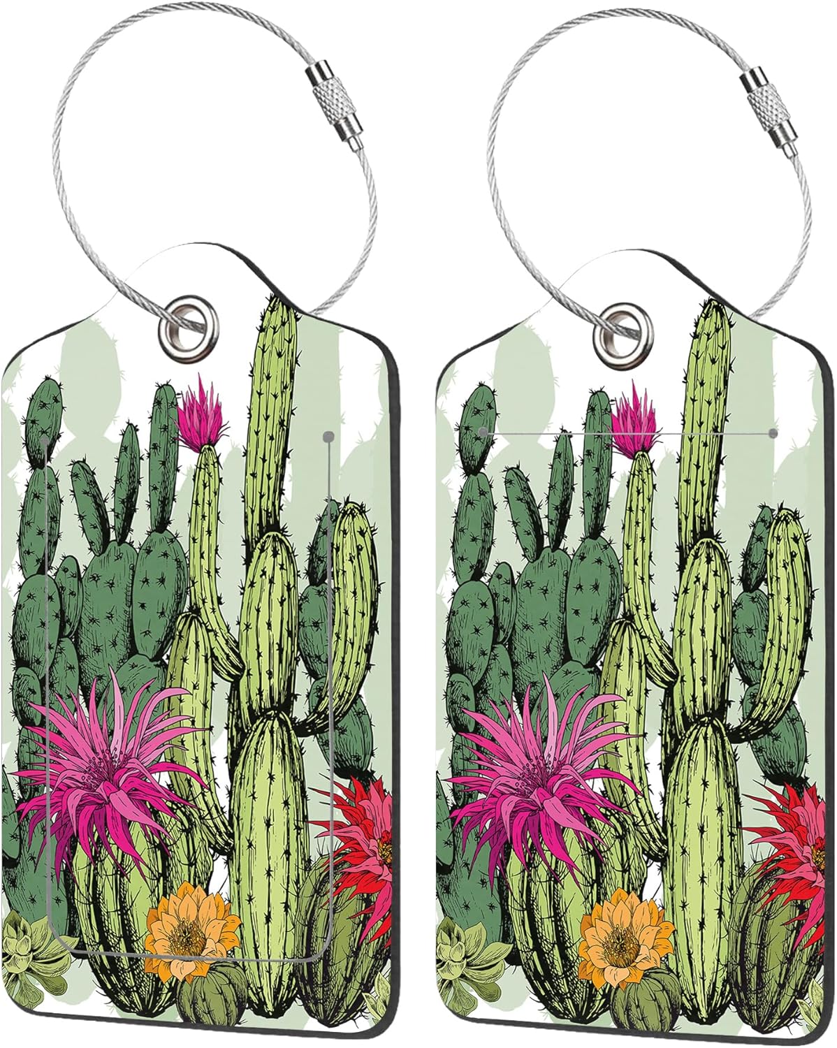 2 Pack Luggage Tags for Suitcases,Green Cactus Plants with Flowers Luggage Tag,PU Leather Id Label Luggage Tags with Stainless Steel Loop and Privacy Cover for Women Men Teens Travel