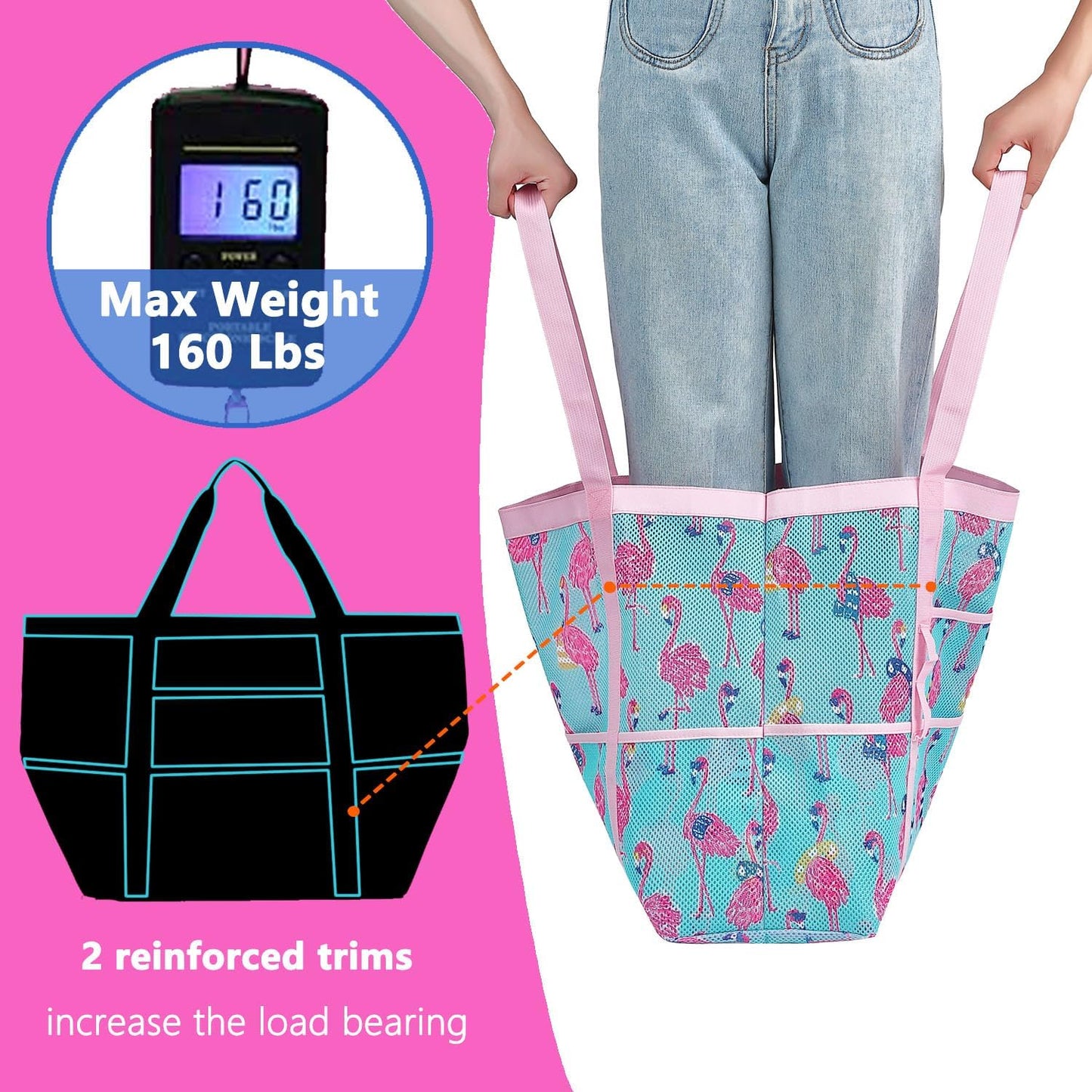 Mesh Beach Bag, Large Beach Tote with Zipper Pocket for Family Pool Bag for Toys & Vacation