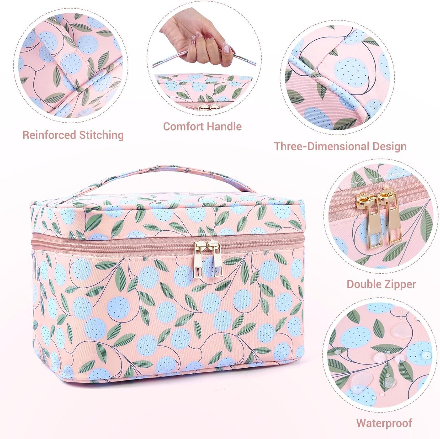 MAANGE Travel Makeup Bag, Cosmetic Bag, Portable Large Capacity Makeup Case, Make Up Organizer For Women, Oxford Cloth Toiletry Bag With Handle (Pink Plants)
