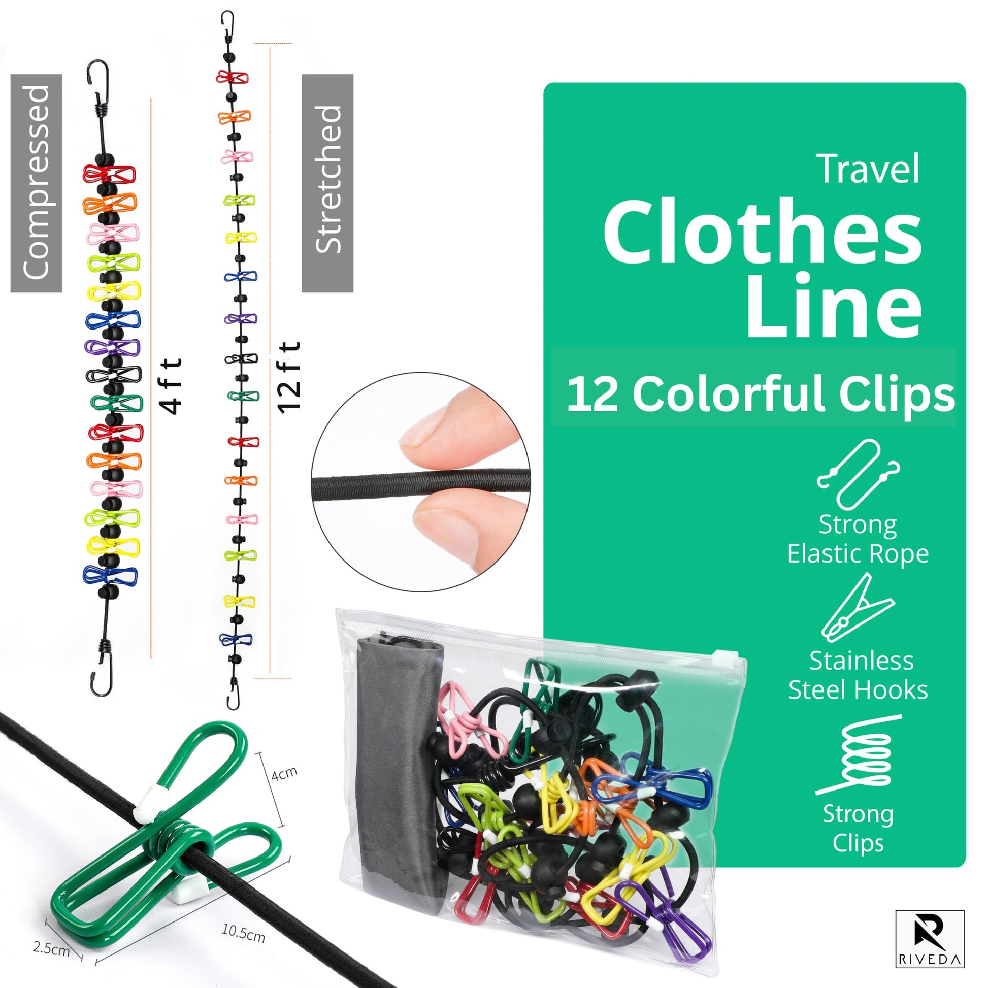 Portable Travel Clothesline with 12 Colorful Clips & Bag, Elastic RV & Camping Clothes Line for