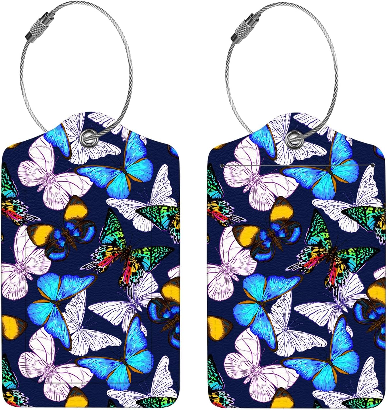 2 Pcs Luggage Tags for Suitcase, Cute Unique PU Leather Travel Bag Tag with Privacy Cover ID Label Address Card and Durable Metal Ring Suitable for Men Women Children Backpack,Colorful Butterflies
