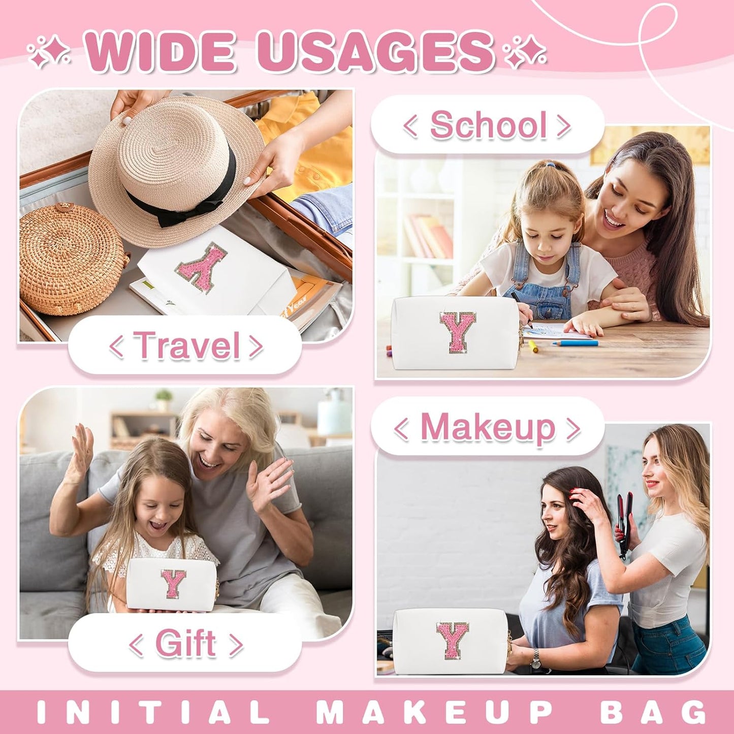 Small Initial Patch Makeup Bag Personalized Gifts Make Up Bag,White Cute PU Leather Glitter Letter Cosmetic Bag with Zipper,Trendy Portable Travel Toiletry Pouch,Preppy Stuff for Teen Girls Women Y