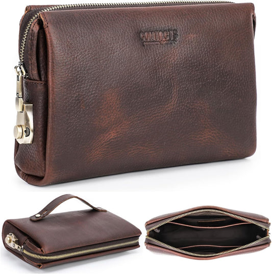 Top Grain Genuine Leather Clutch Wallet for Man & Woman, Handmade Retro Design, Combination Lock & Retractable Strap & Multi Pockets/Slots, Portable RFID for Cards/Checks/Phone/Banknote, Red Coffee