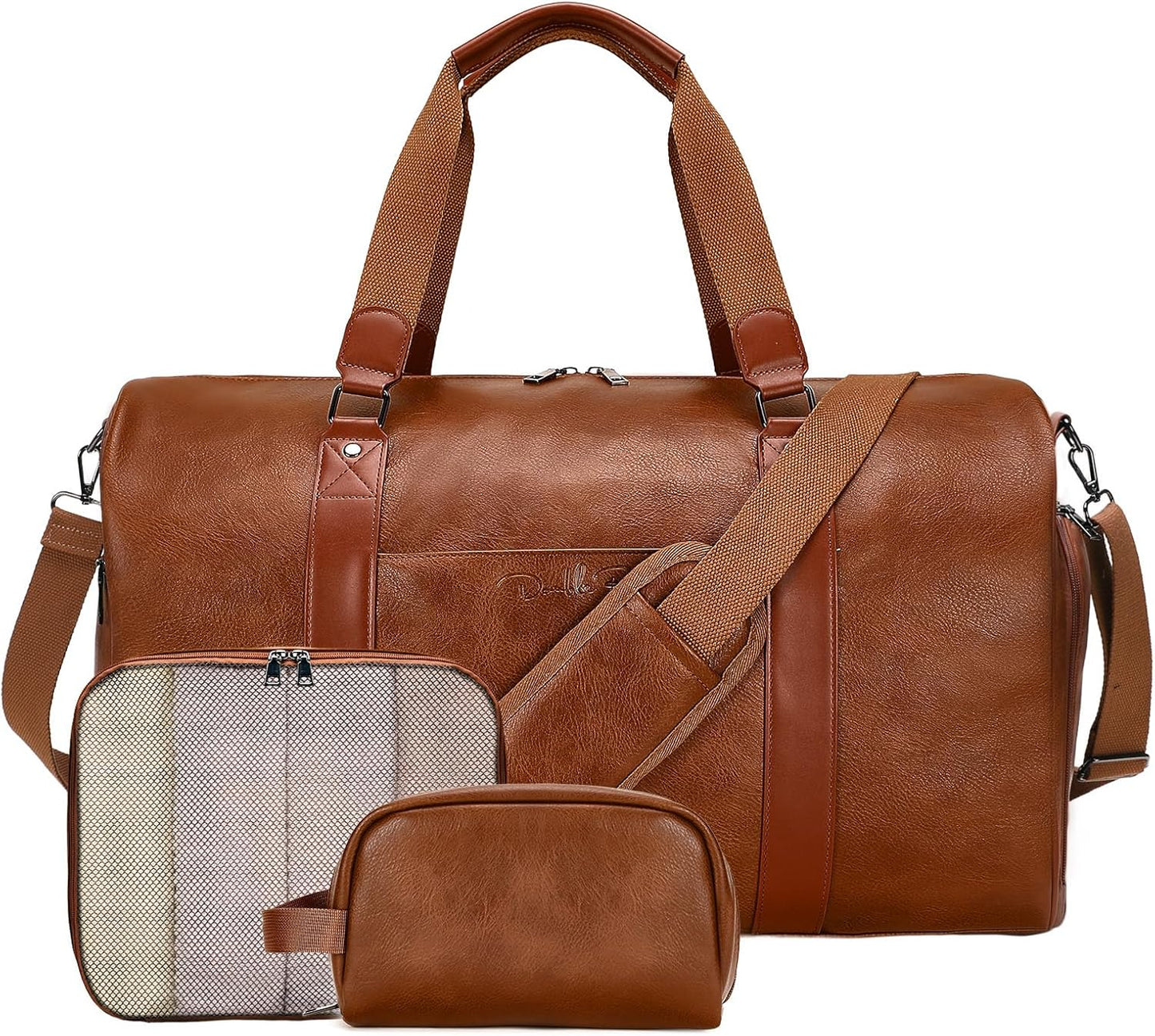3-in-1 Leather Duffle Bag for Travel with Toiletry Bag and Shoe Compartment, Weekender Overnight Gym Bag for Men Women, Carry On Bag Fits 21 Inch Laptop