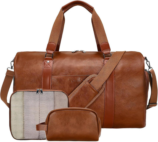 3-in-1 Leather Duffle Bag for Travel with Toiletry Bag and Shoe Compartment, Weekender Overnight Gym Bag for Men Women, Carry On Bag Fits 21 Inch Laptop