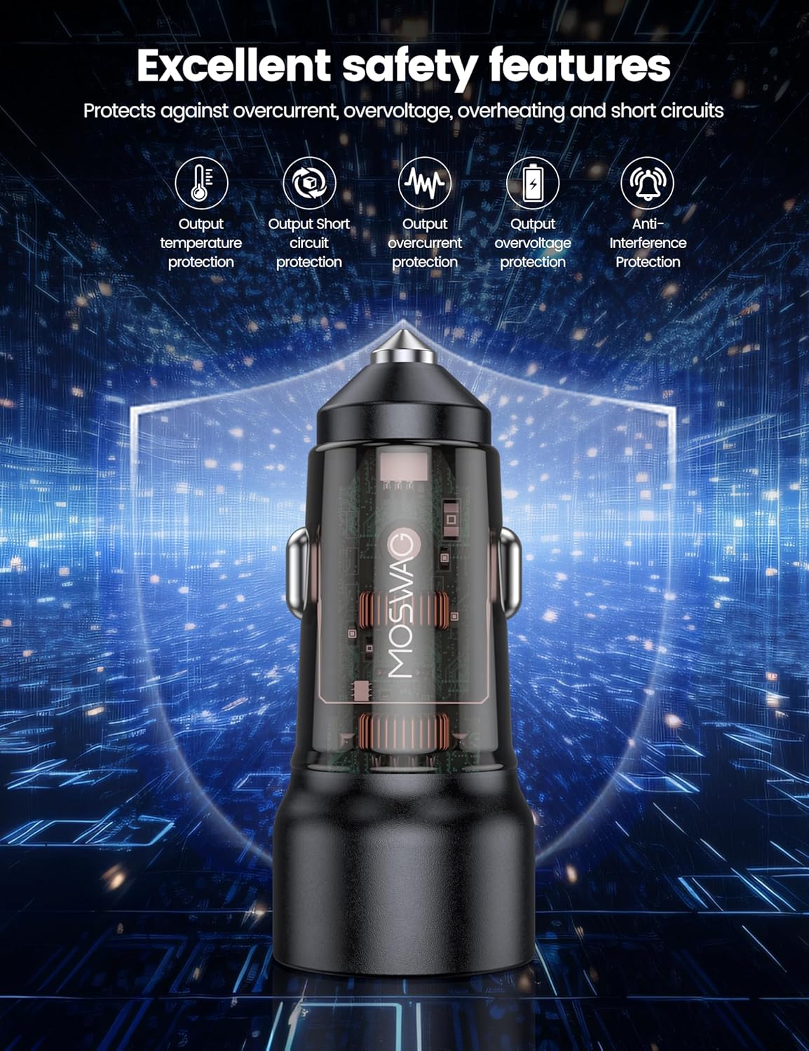 MOSWAG 75W USB C Car Charger PD 45W & QC3.0 Fast Charging Cigarette Lighter for MacBook, iPhone, Samsung, Galaxy, iPad, Google Pixel, LG, Moto, USB-C Port, Black