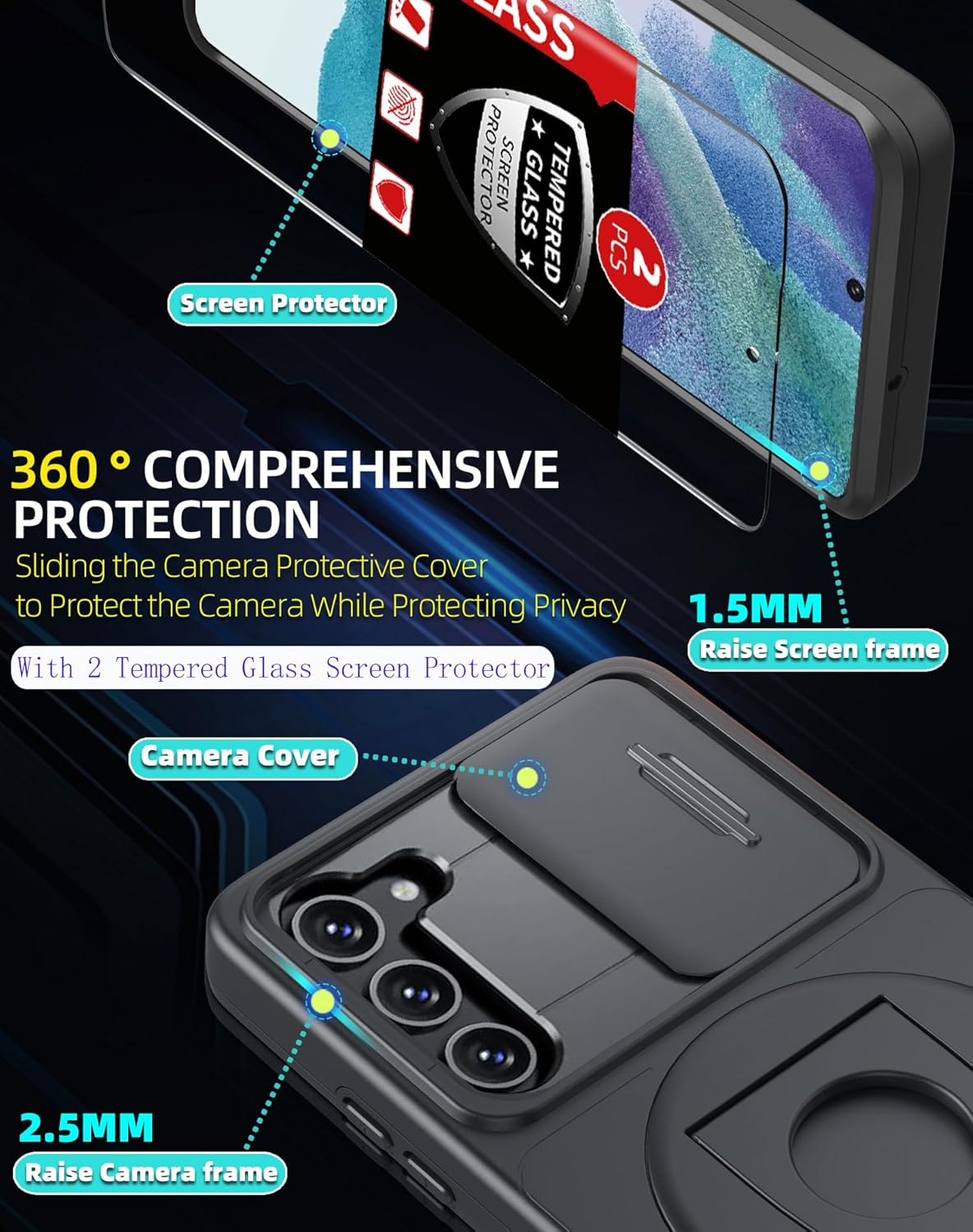 for Samsung Galaxy s21 FE Case Magnetic Compatible with MagSafe Wireless Charging,with 2 Screen Protectors,Built-in Stand Ring+Camera Cover Anti-Scratch Shockproof Heavy Duty Protection Black