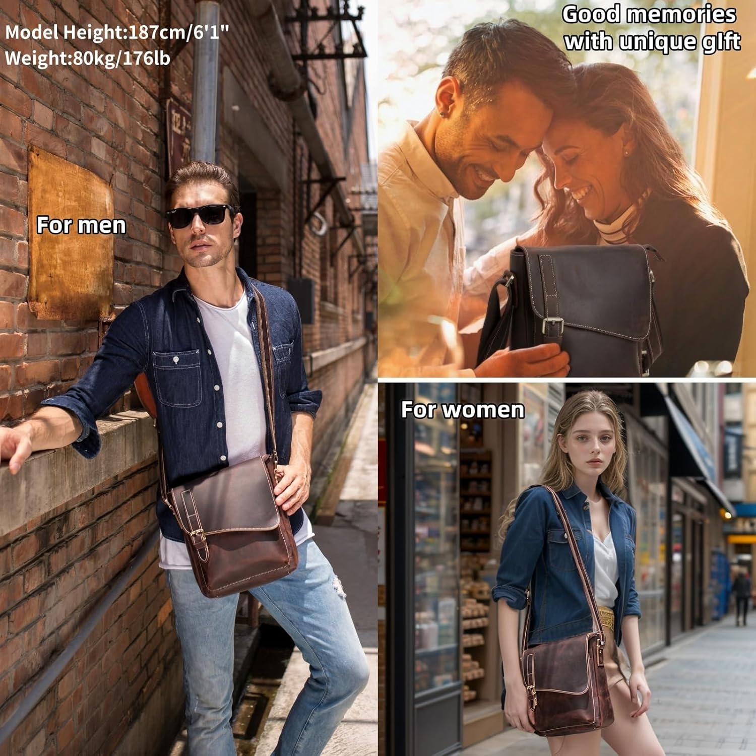 Masa Kawa Leather Messenger Bag Small Crossbody Shoulder Bag for Men Women Flap Over Man Purse Fits