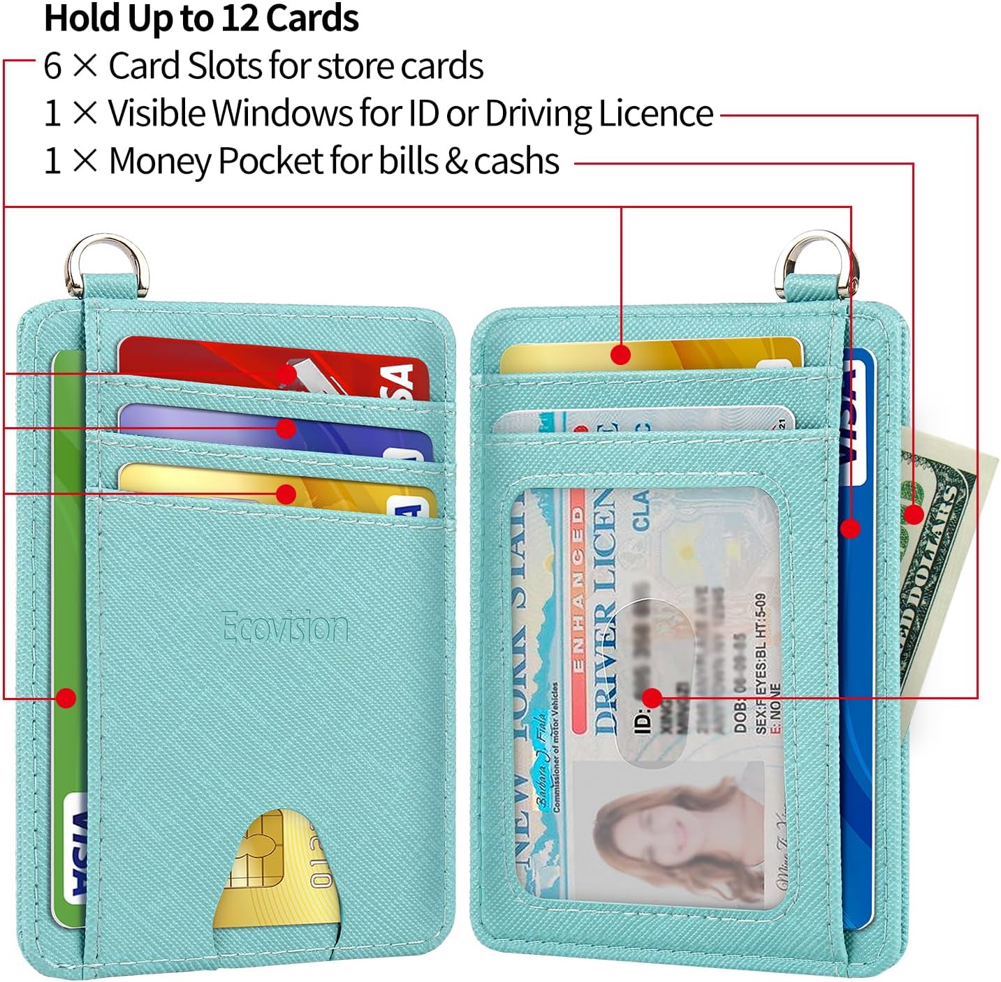 EcoVision Slim Minimalist Front Pocket Wallet, RFID Blocking Credit Card Holder Wallet with Detachable D-Shackle for Men Women