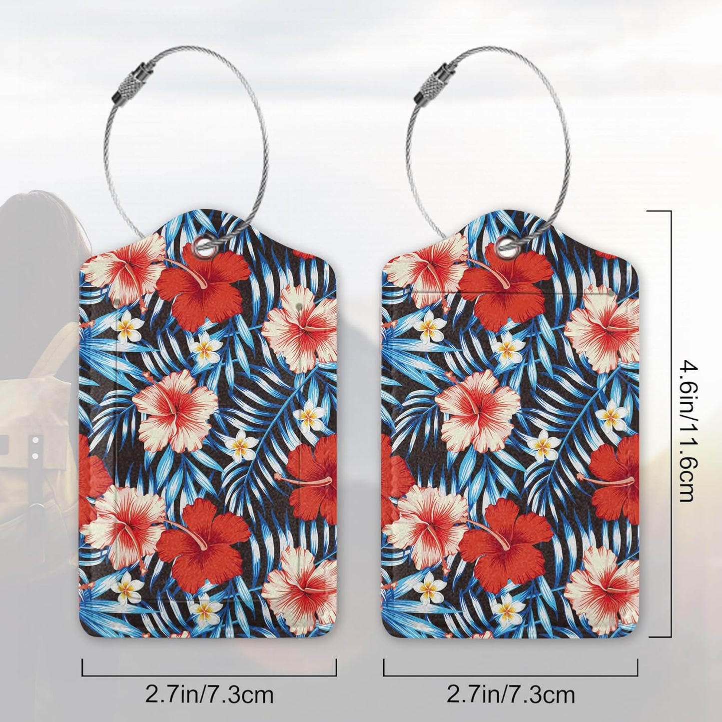Hawaii Hibiscus Flower Luggage Tags Set of 2 Leather Luggage Tags Privacy Cover Suitcase Label with Stainless Steel Loop for Women/Men Travel,Tropical Palm Leaves