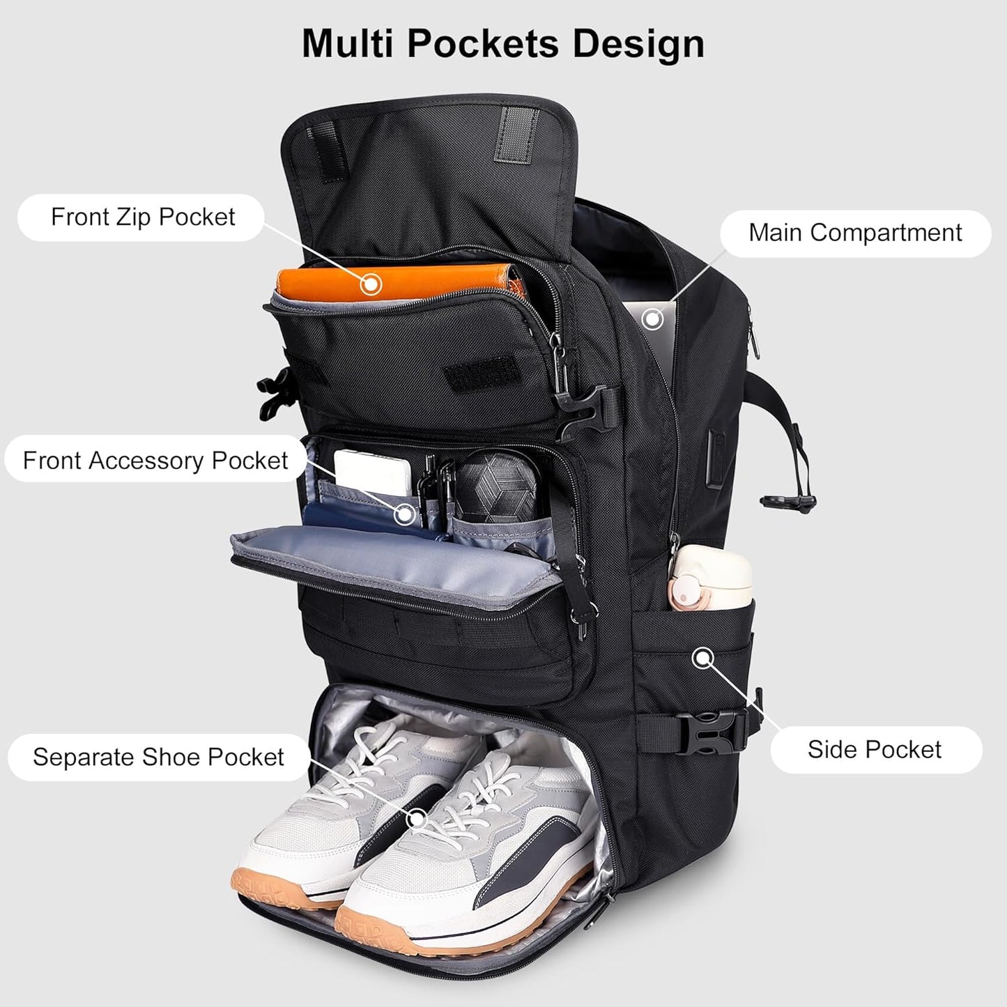 PIJUSHI Travel Backpack for Women Men Carry on Duffle Bag Backpack For Airplanes Luggage Rucksack with Shoe Compartment(PE048 Black)