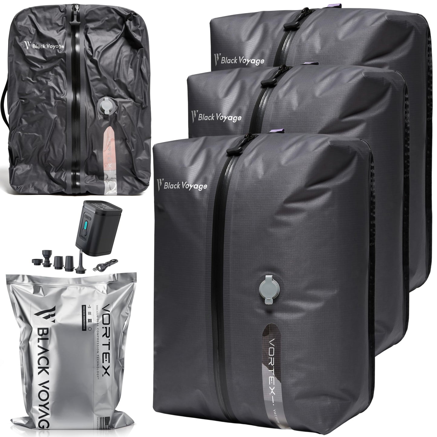 Black Voyage Reusable Vacuum Compression Travel Bag for Carry-On Suitcase and Backpack, Recycled