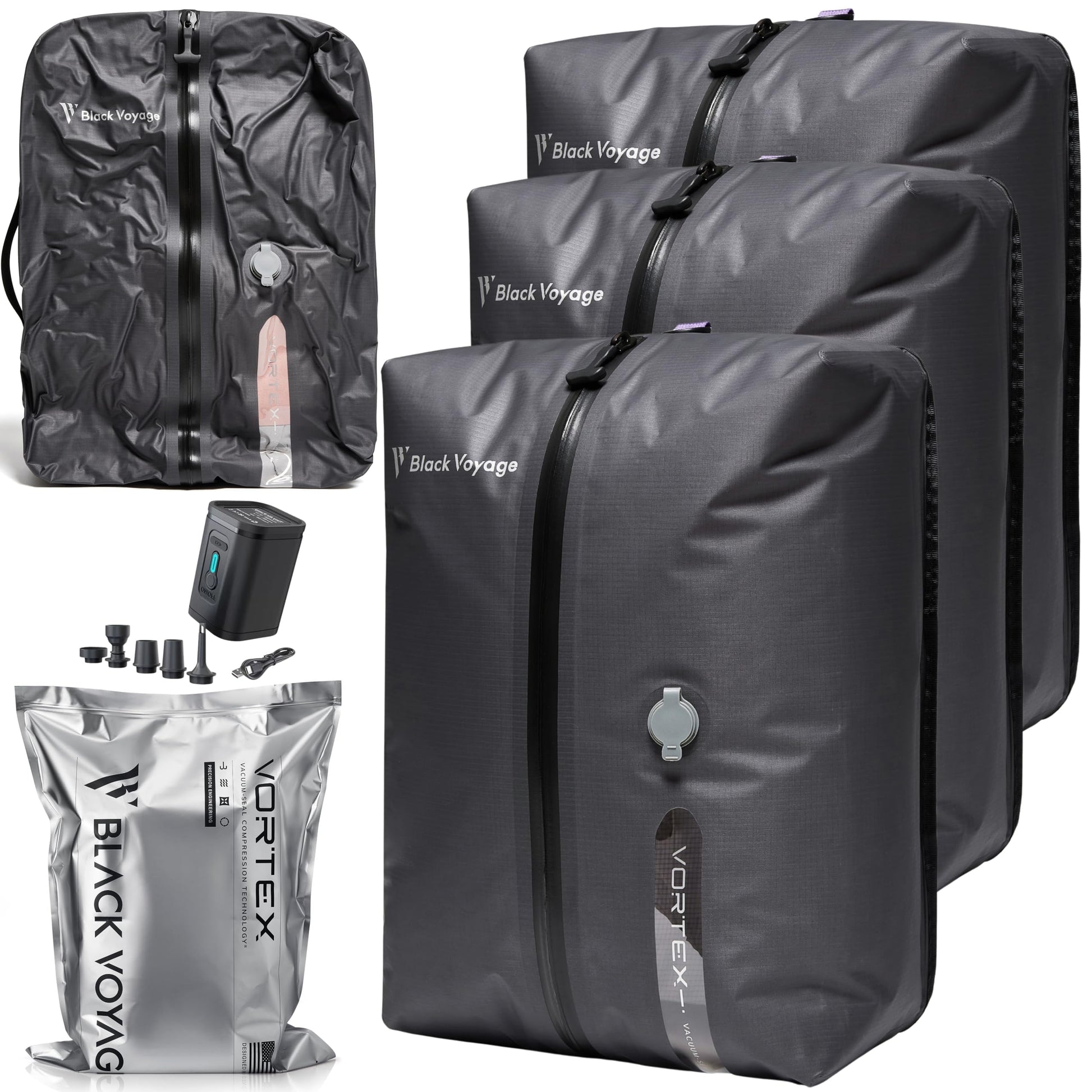 Black Voyage Reusable Vacuum Compression Travel Bag for Carry-On Suitcase and Backpack, Recycled