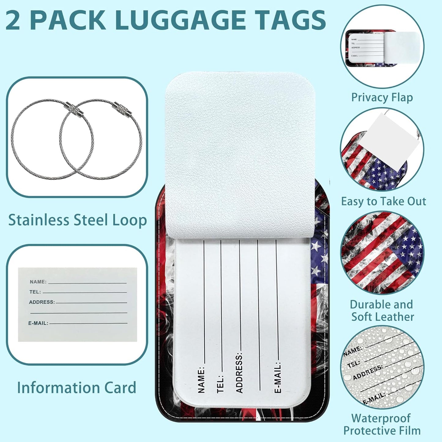 2 Pack Cute Luggage Tag for Suitcases American Flag Leather Luggage Tags with Stainless Steel Loop Privacy Flap Name Tags,Men and Women Travel Bag Suitcase Tags