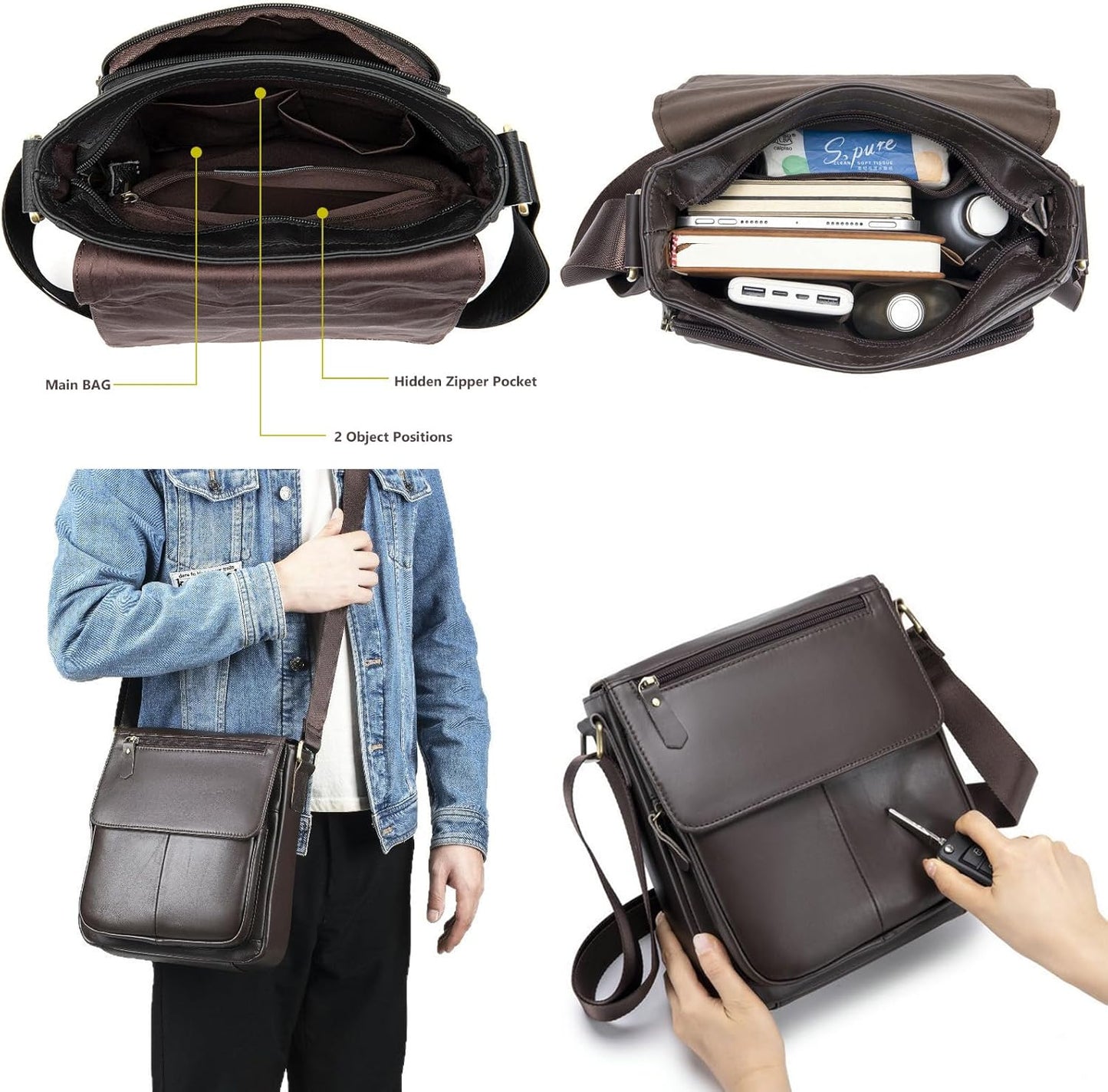 Genuine Leather Messenger Crossbody Shoulder Bag for Men, Man Purse Satchel Travel Handbag Work Business