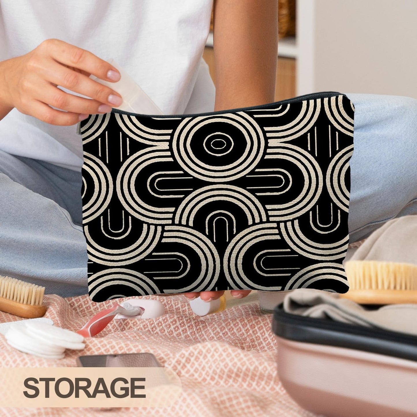 Abstract Beige and Black Makeup Bag, Modern Minimalist Art Deco Cosmetic Bags for Women, Mid Century Modern Zipper Makeup Pouch