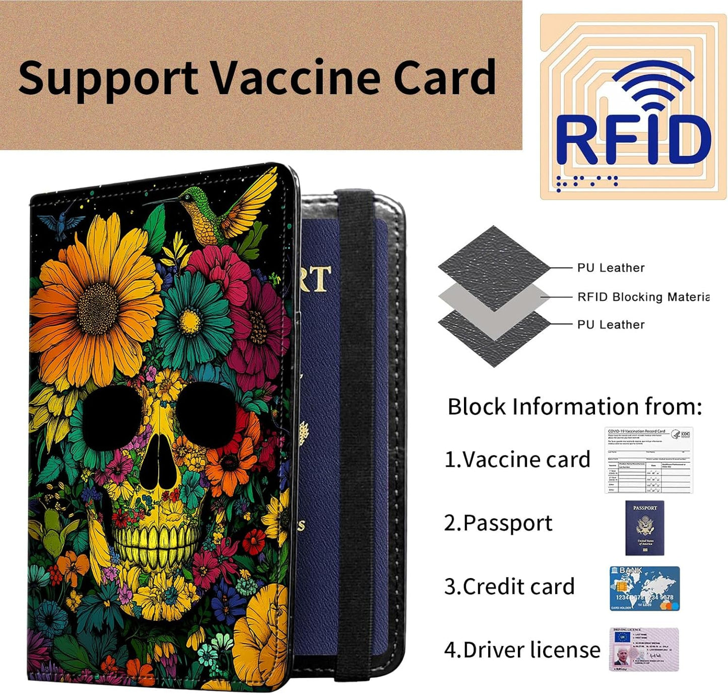 Passport and Vaccine Card Holder Cover Combo,Travel Passport Holder Wallet with RFID Blocking, Leather Vaccine Card Slot Passport Cover Case for Women & Men,Colorful Skull and Floral