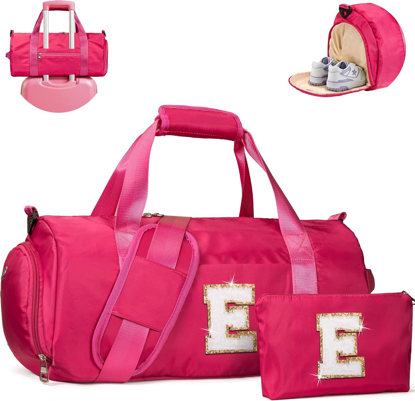 Tween Gift Trendy Stuff, Girls Travel Duffel Bag, Kids Initial Overnight Bags with Shoe Compartment, Customized Sport Gym Weekender Bag with Makeup Pouch, Teen Girl Gifts (Letter E)