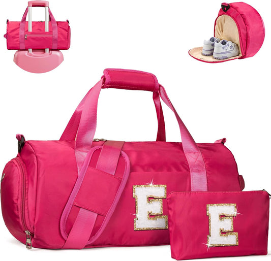 Tween Gift Trendy Stuff, Girls Travel Duffel Bag, Kids Initial Overnight Bags with Shoe Compartment, Customized Sport Gym Weekender Bag with Makeup Pouch, Teen Girl Gifts (Letter E)