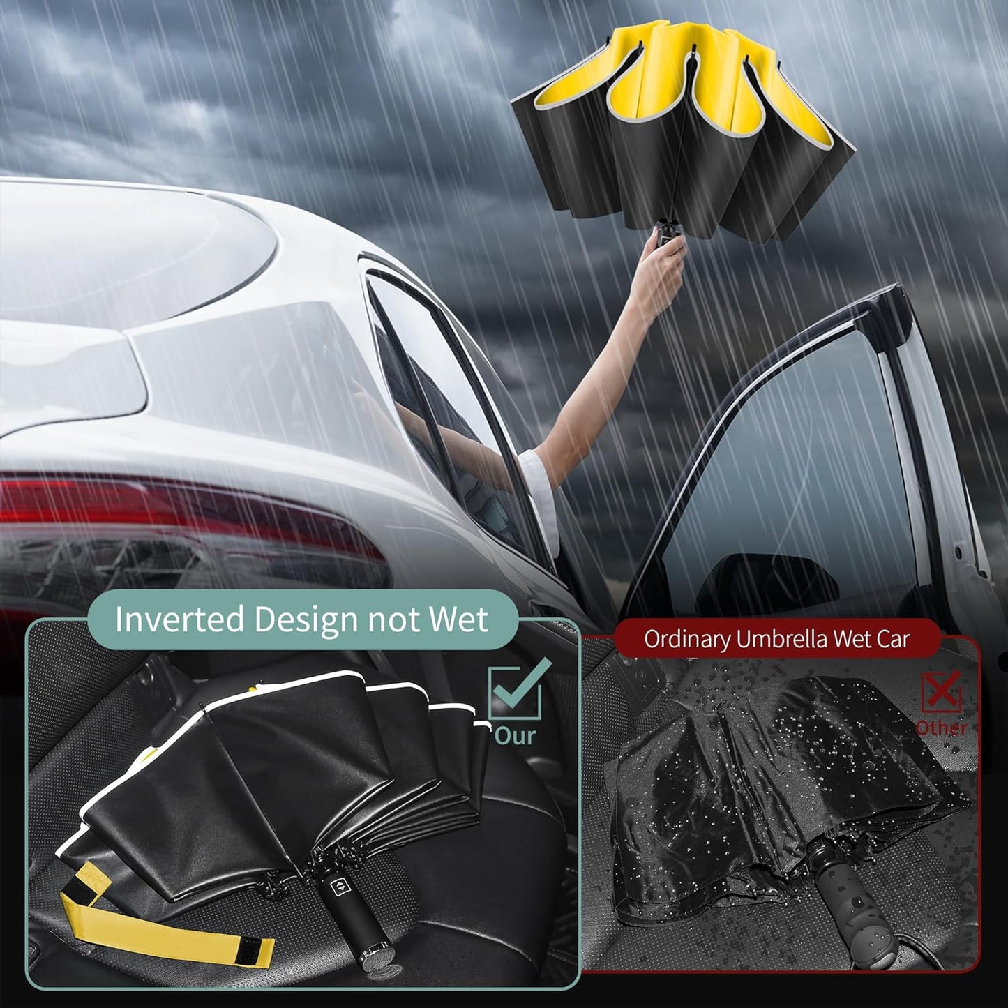 Seniny Travel Umbrella with Carabiner Handle, Windproof Large Umbrellas for Rain with Dual-Rib Structure, Portable Compact Umbrella with Reflective Strip, Car Backpack UV Umbrellas for Sun Protection