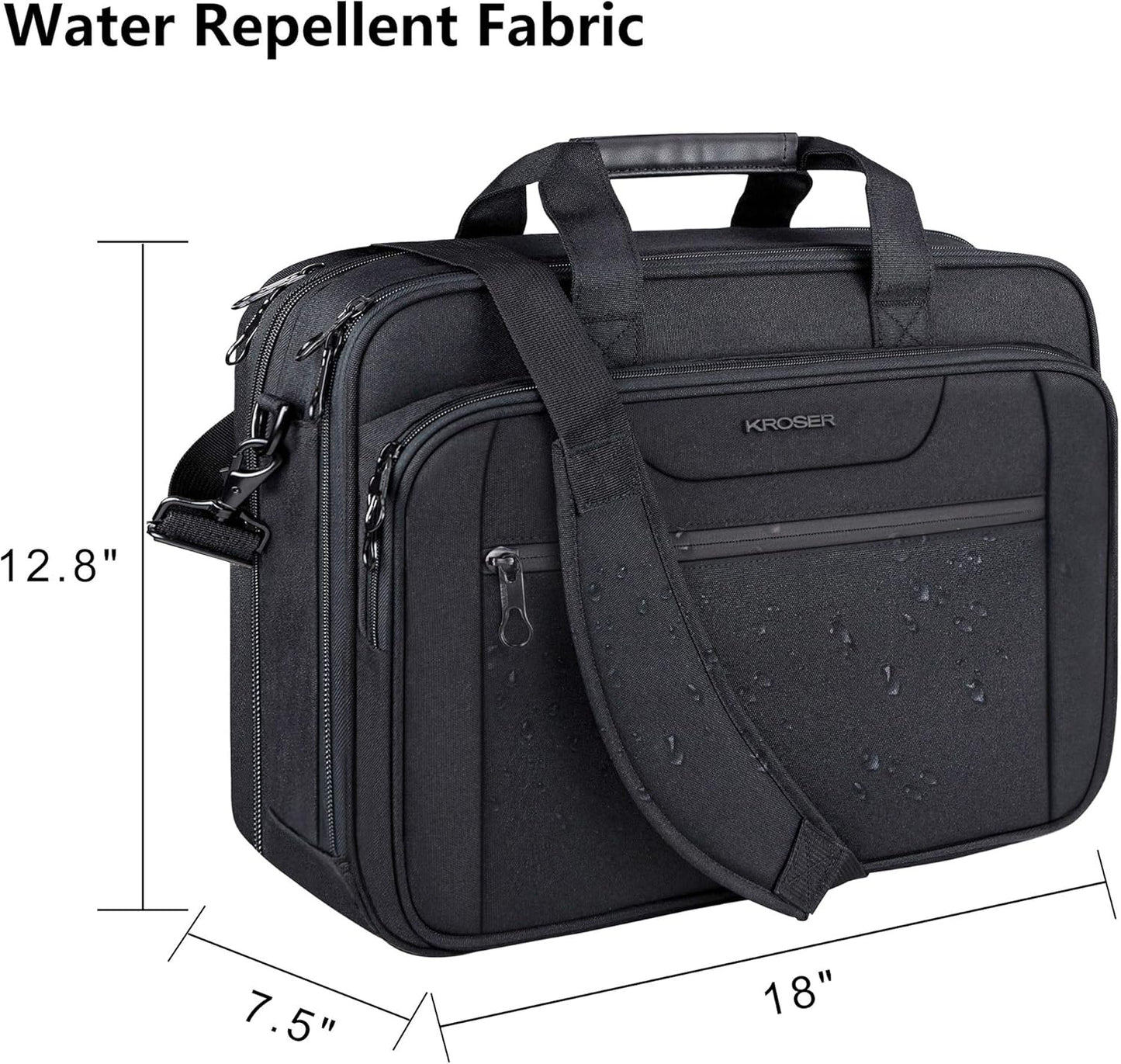 KROSER Laptop Bag Expandable Laptop Briefcase Fits Up to 17.3 Inch Laptop Water-Repellent Shoulder Messenger Bag Computer Bag for Travel/Business/Men/Women-Black