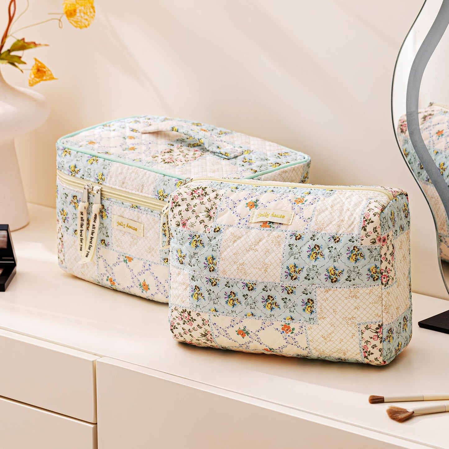 HBselect Quilted Makeup Bag, 3PCS Cotton Large Travel Makeup Bag, Cute Floral Coquette Make up Bag Cosmetic Bag Toiletry Bag for Women Girls